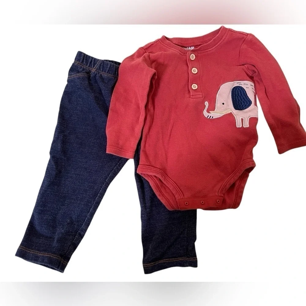 12 months outfit - Elephant Onesie and blue jean style soft cotton Pants Set